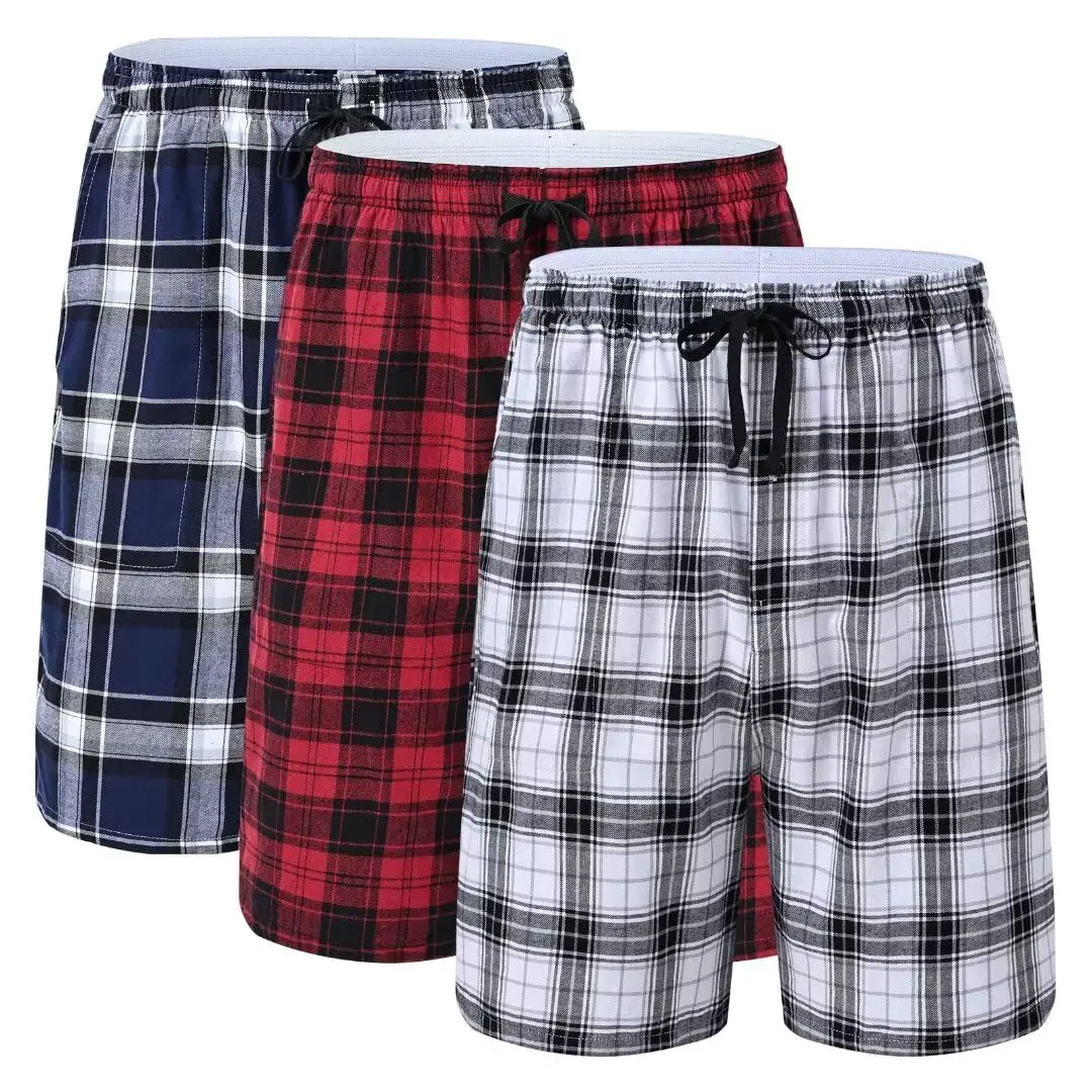 3Pcs 100% Cotton Pajama Sleeping Pants Suit, Men Plaid Elastic Waist Cozy Sleep Shorts, Cozy & Soft Homewear Pants Set for Hoom
