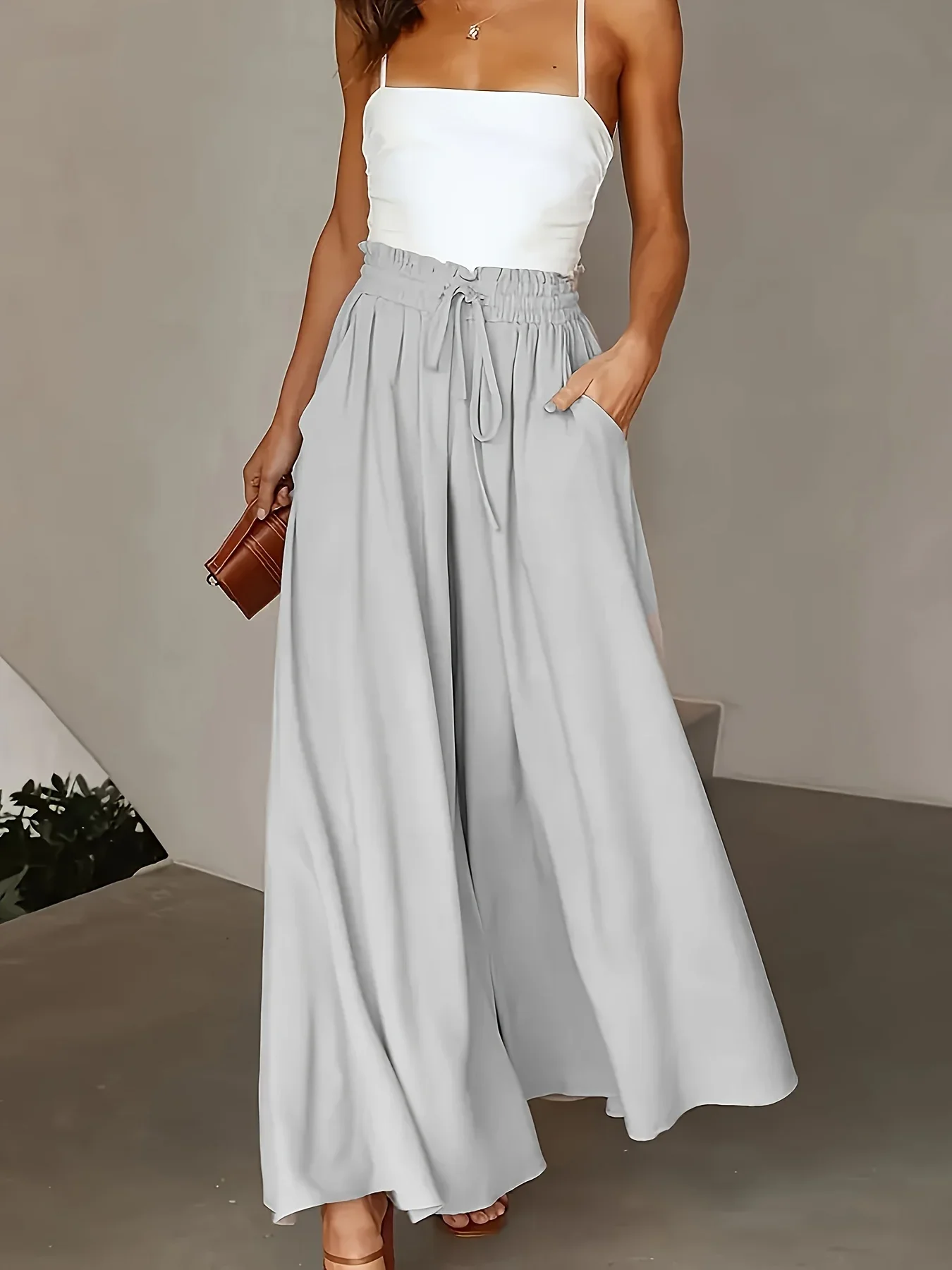 Plus Size Wide Leg Pants Comfortable Slight Stretch FabricElegant Solid Color Design Po cket DetailsDrawstring Elastic Wai