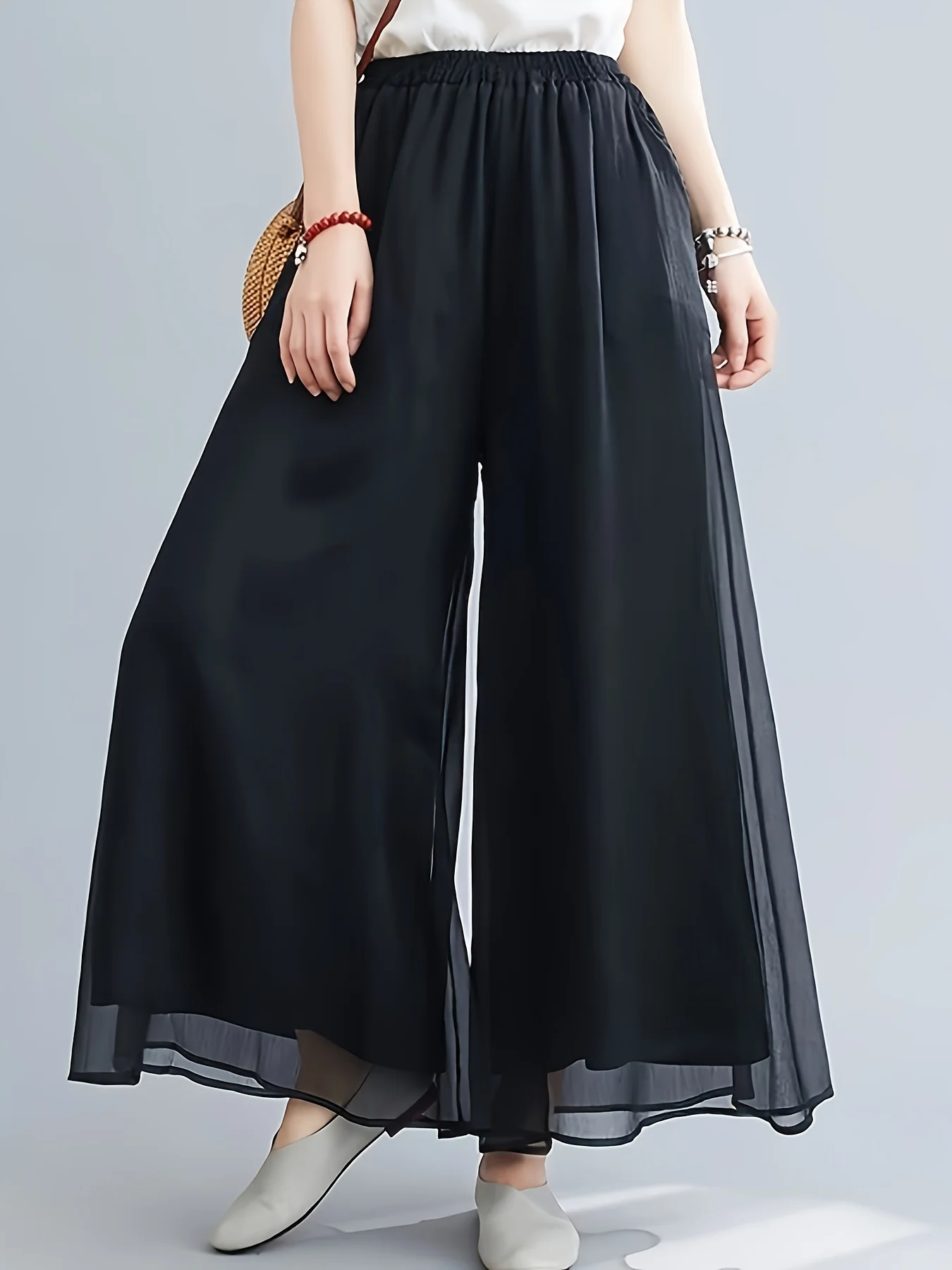 Plus Size Women's Elegant Double-Layered Loose Fit Chiffon Pants for Dance Training