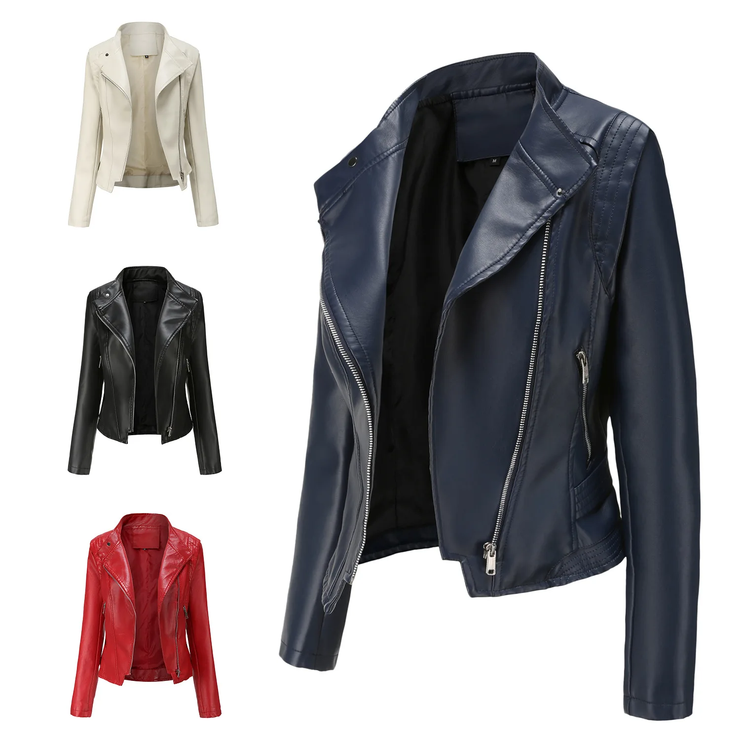 2024 Spring Autumn Women's Leather Jacket Zipper Lapel Casual Coats Female Pure Color Slim Fit Leather Coats Women's Clothing