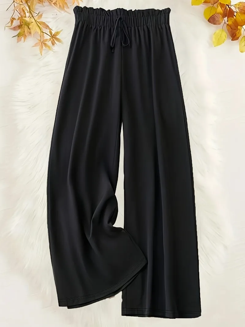Plus Size 1XL-5XL Casual Pants Women's Plus Solid Drawstring Waist Wide Leg Loose Trousers